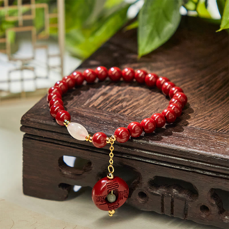 Natural Cinnabar and Clear Quartz Ping An Kou Charm Beaded Bracelet with Copper