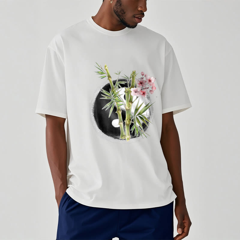 Yin Yang Bamboo Peach Blossoms Pattern Tee T-shirt