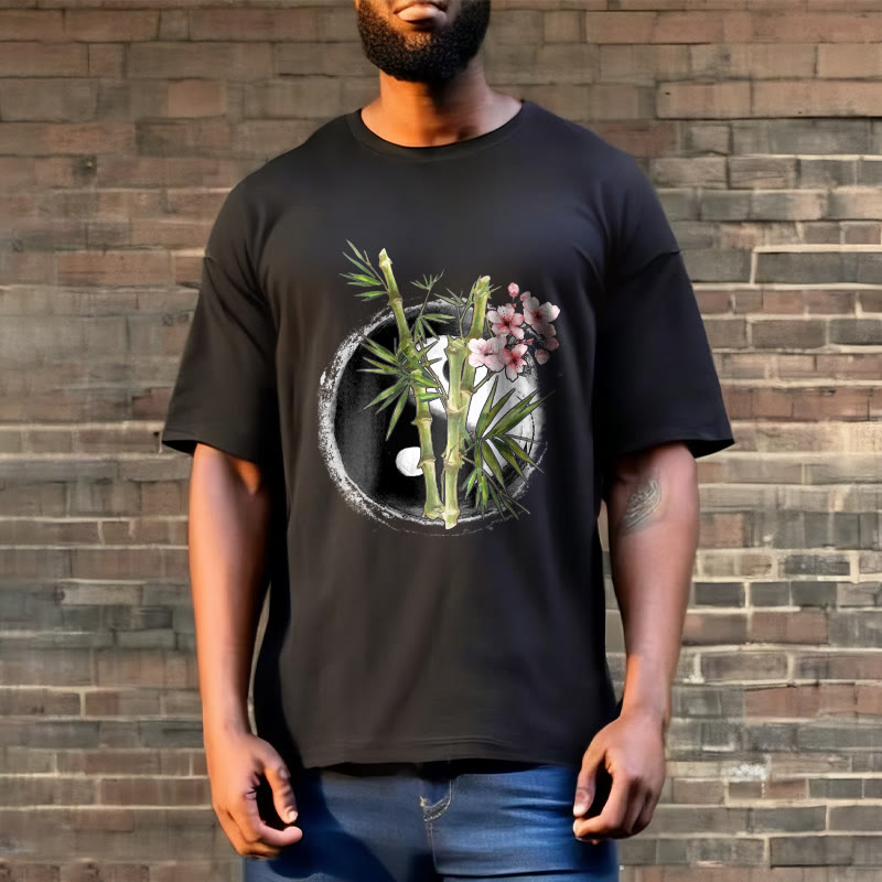 Yin Yang Bamboo Peach Blossoms Pattern Tee T-shirt