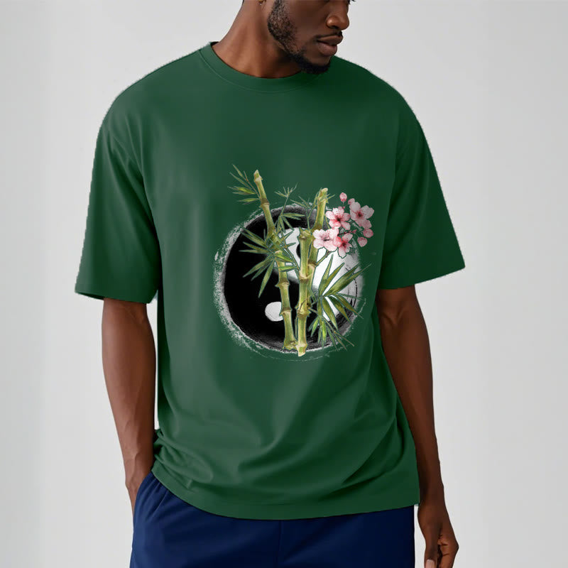 Yin Yang Bamboo Peach Blossoms Pattern Tee T-shirt