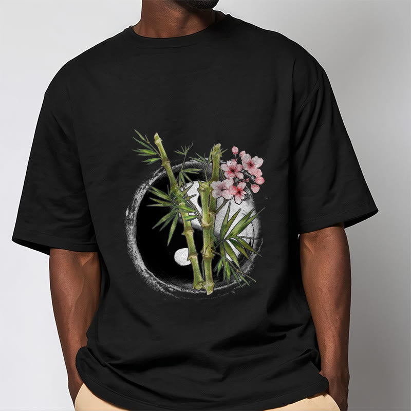 Yin Yang Bamboo Peach Blossoms Pattern Tee T-shirt