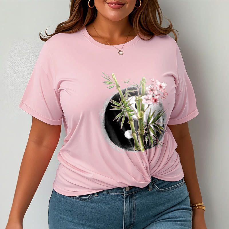 Yin Yang Bamboo Peach Blossoms Pattern Tee T-shirt