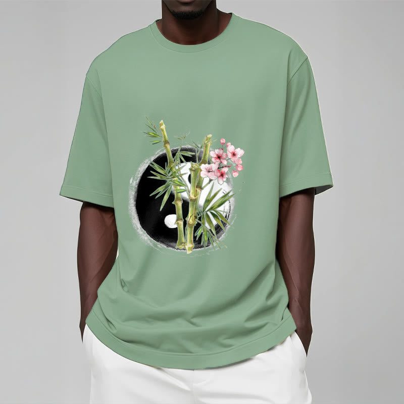 Yin Yang Bamboo Peach Blossoms Pattern Tee T-shirt