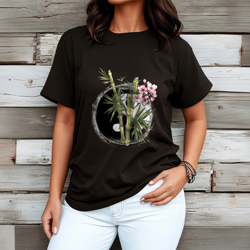 Yin Yang Bamboo Peach Blossoms Pattern Tee T-shirt