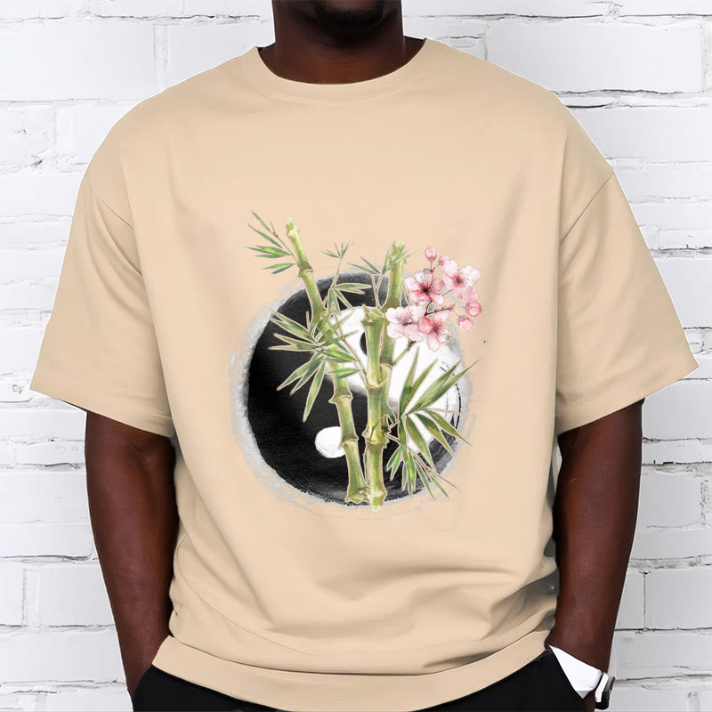 Yin Yang Bamboo Peach Blossoms Pattern Tee T-shirt