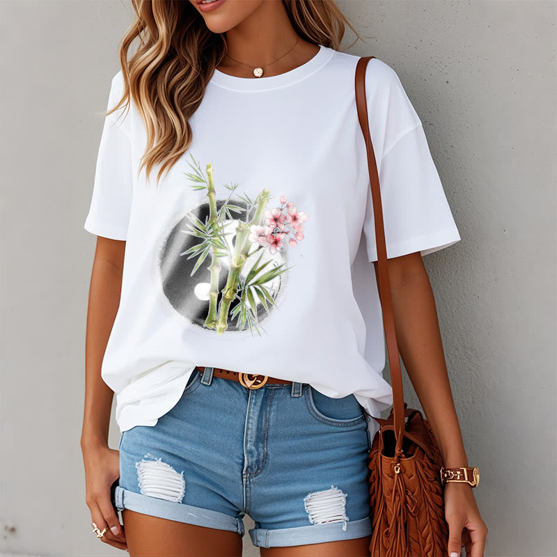 Yin Yang Bamboo Peach Blossoms Pattern Tee T-shirt