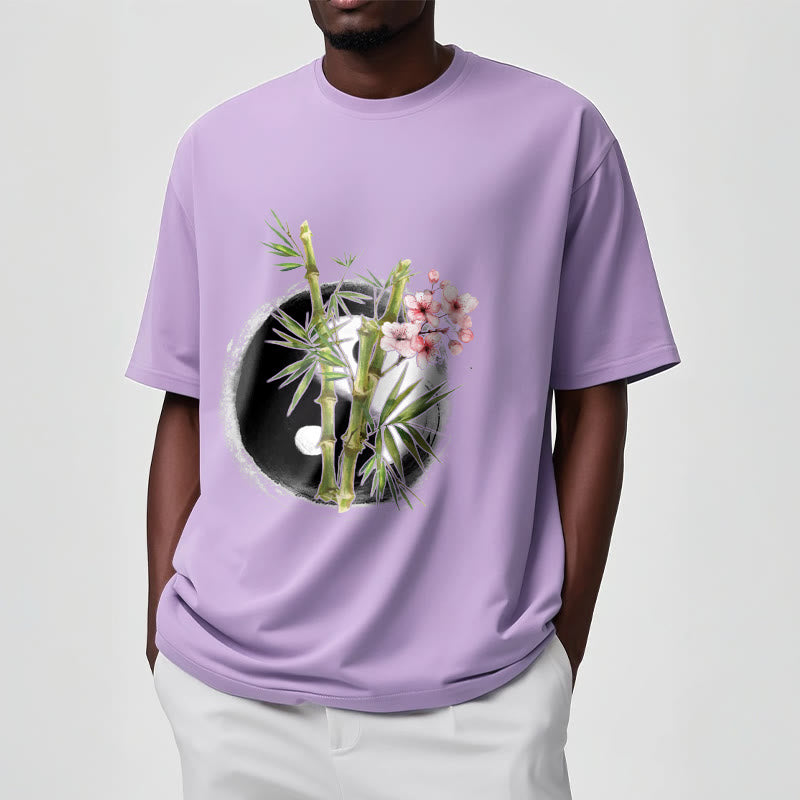 Yin Yang Bamboo Peach Blossoms Pattern Tee T-shirt