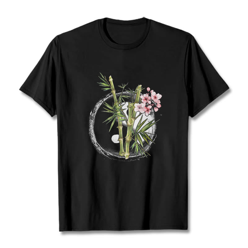Yin Yang Bamboo Peach Blossoms Pattern Tee T-shirt