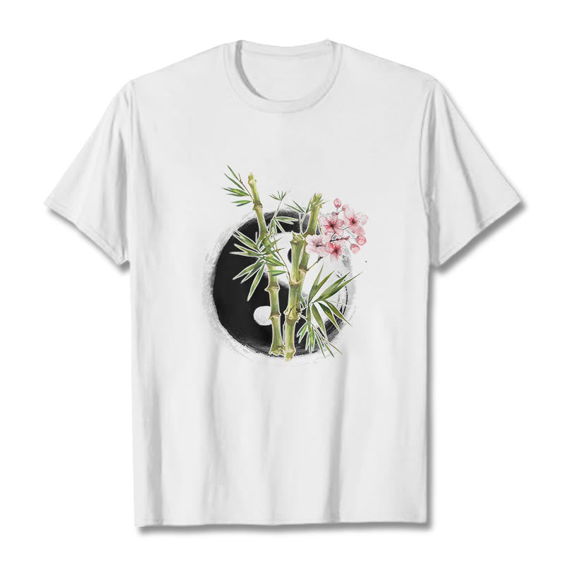 Yin Yang Bamboo Peach Blossoms Pattern Tee T-shirt