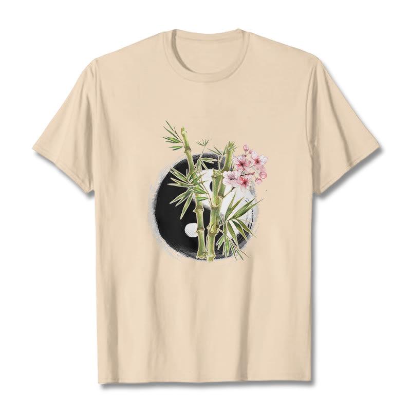 Yin Yang Bamboo Peach Blossoms Pattern Tee T-shirt