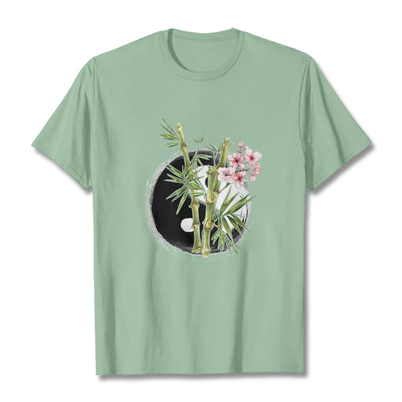Yin Yang Bamboo Peach Blossoms Pattern Tee T-shirt