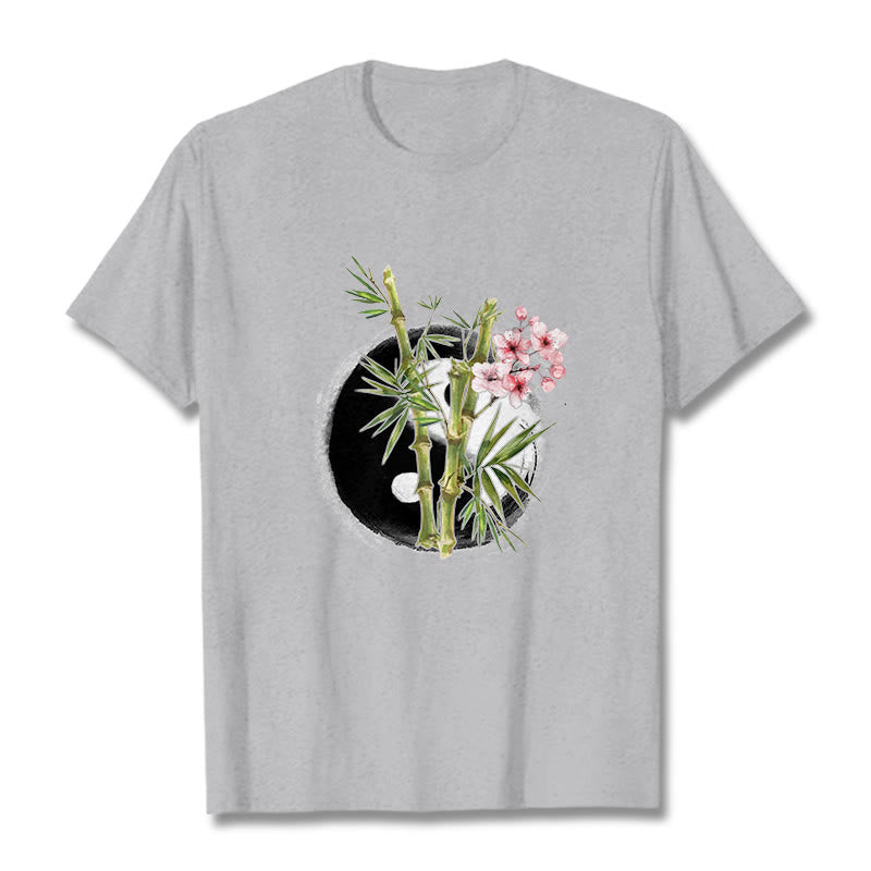 Yin Yang Bamboo Peach Blossoms Pattern Tee T-shirt