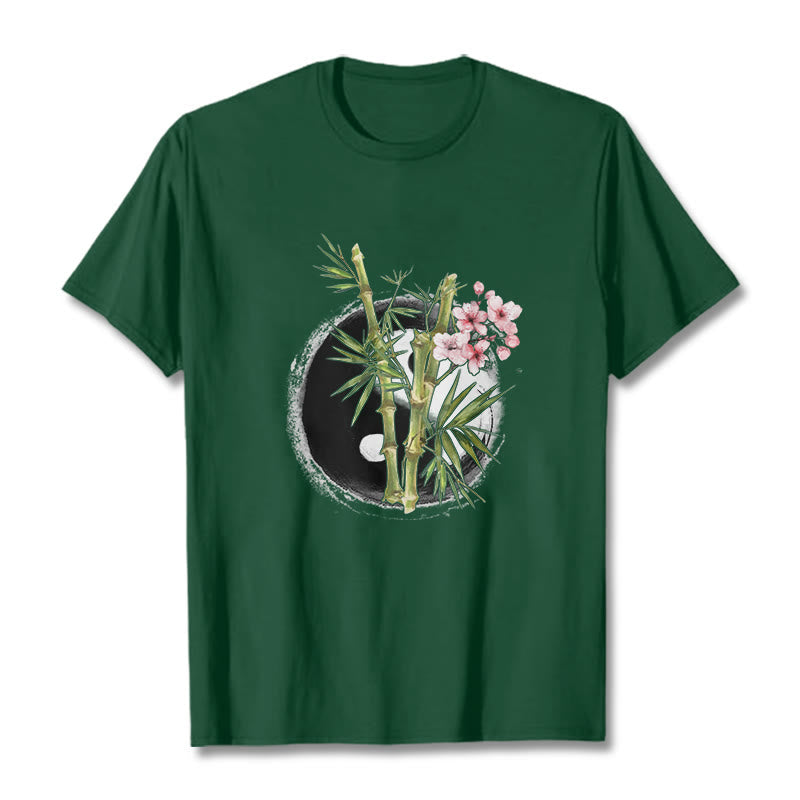 Yin Yang Bamboo Peach Blossoms Pattern Tee T-shirt