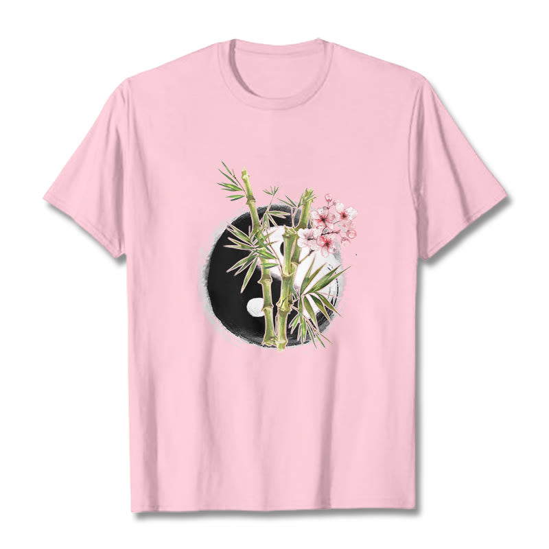 Yin Yang Bamboo Peach Blossoms Pattern Tee T-shirt