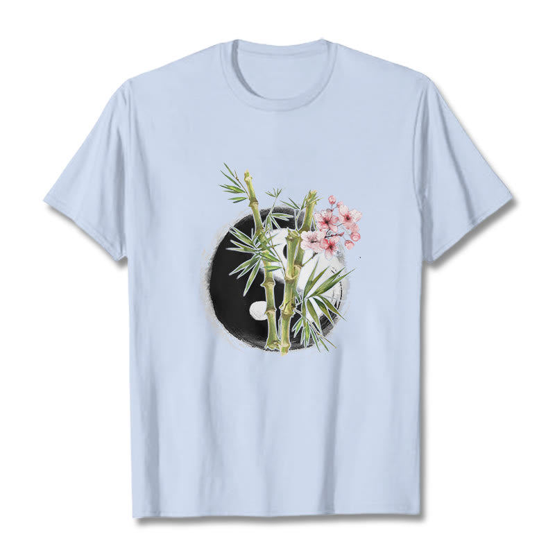 Yin Yang Bamboo Peach Blossoms Pattern Tee T-shirt