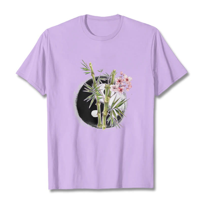Yin Yang Bamboo Peach Blossoms Pattern Tee T-shirt