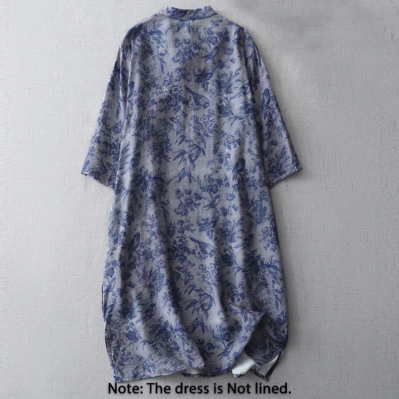 Flower Leaf Print Frog-Button Half Sleeve Mandarin Collar Cotton Midi Dress