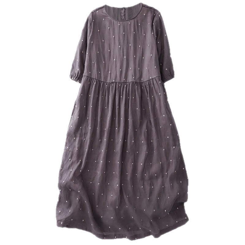 Cotton Linen Dotted Half Sleeve Grounding Midi Dress