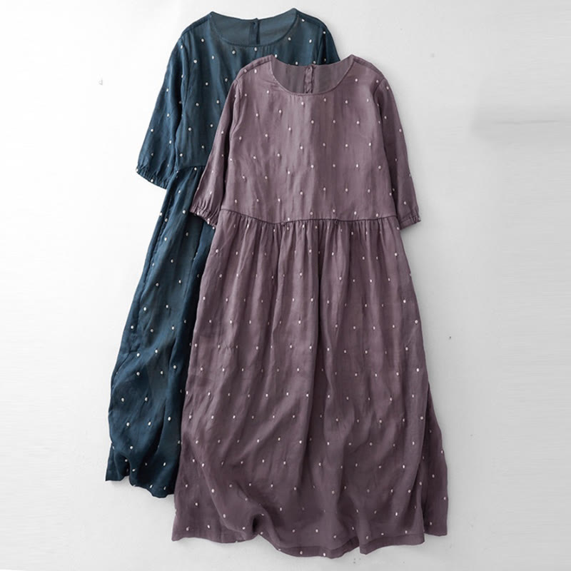 Cotton Linen Dotted Half Sleeve Grounding Midi Dress