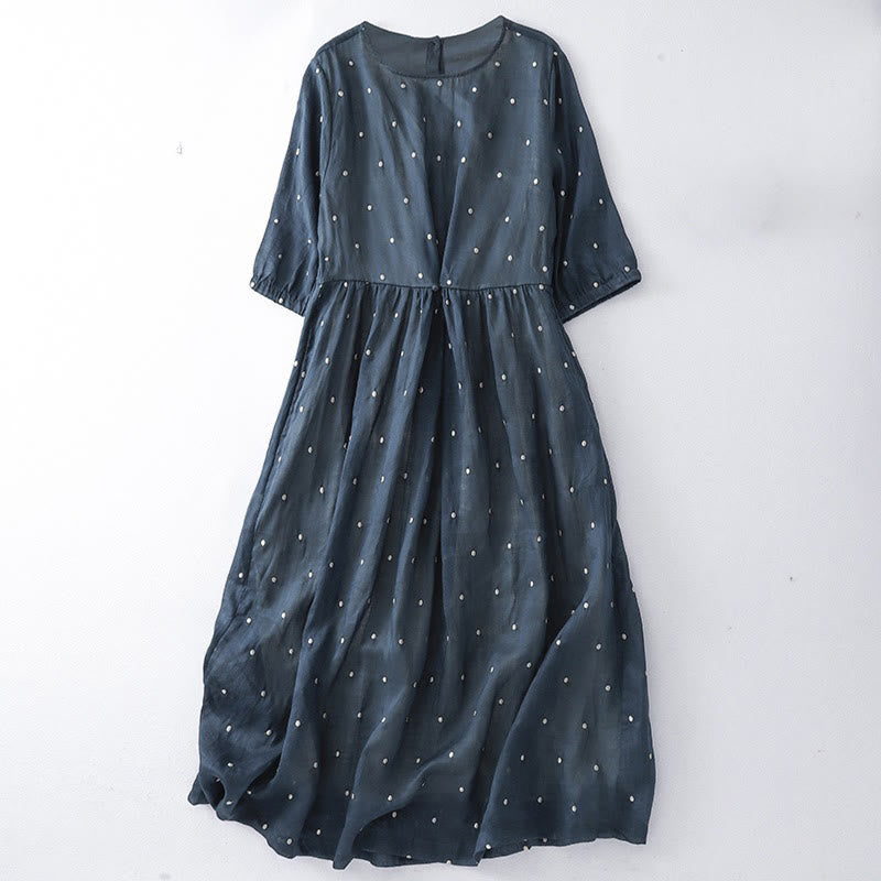 Cotton Linen Dotted Half Sleeve Grounding Midi Dress