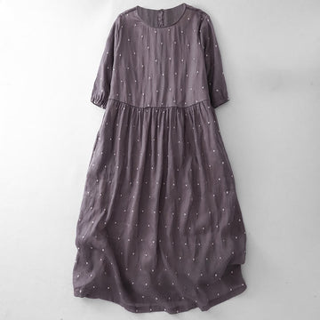 Cotton Linen Dotted Half Sleeve Grounding Midi Dress