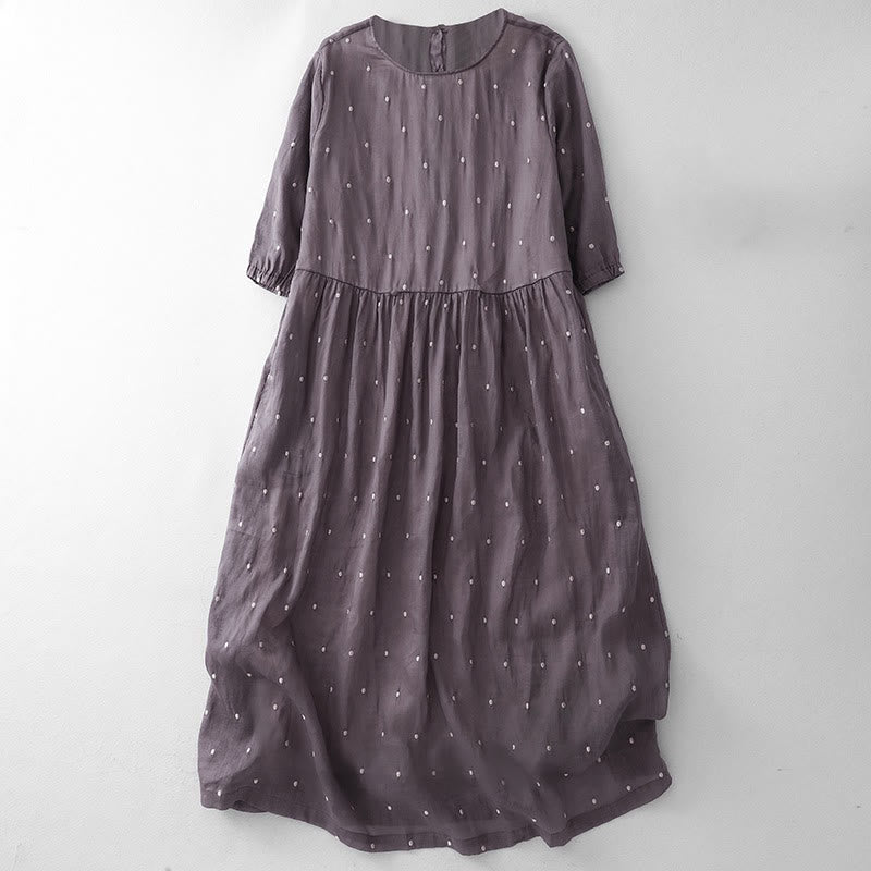 Cotton Linen Dotted Half Sleeve Grounding Midi Dress