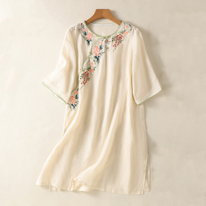 Embroidery Flower Hem Slit Design Half Sleeve Cotton Linen Zen Midi Dress