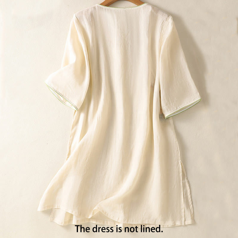 Embroidery Flower Hem Slit Design Half Sleeve Cotton Linen Zen Midi Dress
