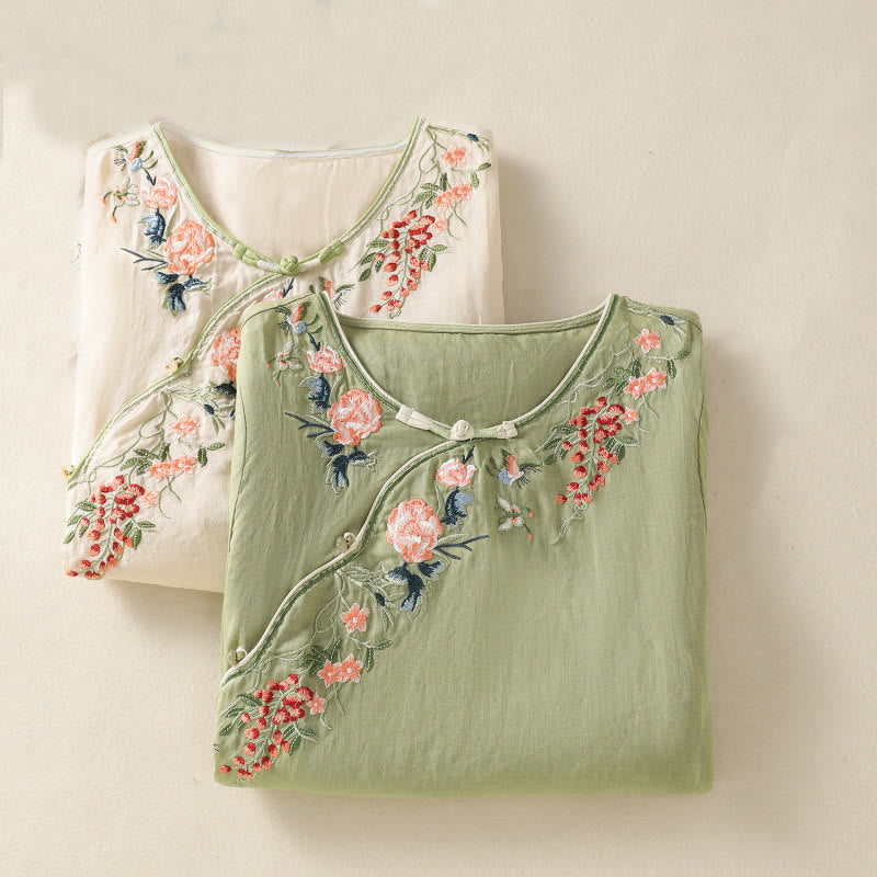Embroidery Flower Hem Slit Design Half Sleeve Cotton Linen Zen Midi Dress