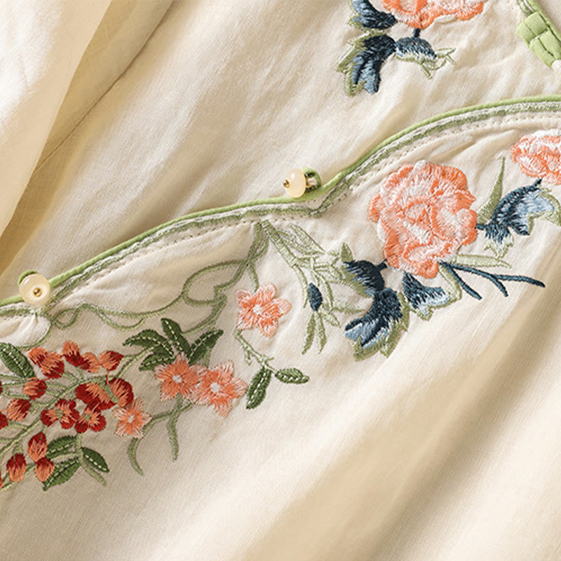 Embroidery Flower Hem Slit Design Half Sleeve Cotton Linen Zen Midi Dress