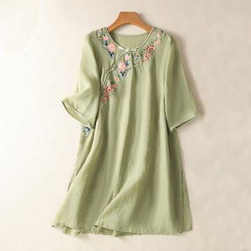 Embroidery Flower Hem Slit Design Half Sleeve Cotton Linen Zen Midi Dress