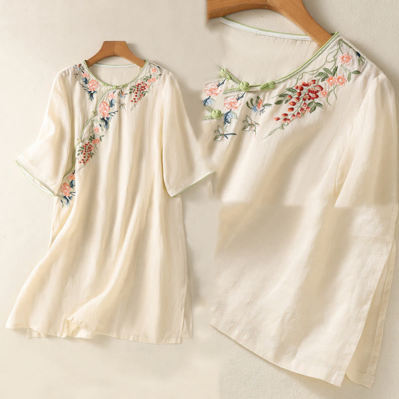 Embroidery Flower Hem Slit Design Half Sleeve Cotton Linen Zen Midi Dress