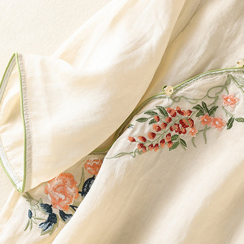 Embroidery Flower Hem Slit Design Half Sleeve Cotton Linen Zen Midi Dress