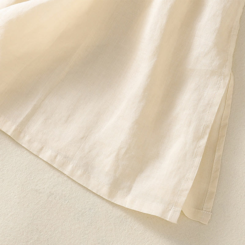 Embroidery Flower Hem Slit Design Half Sleeve Cotton Linen Zen Midi Dress