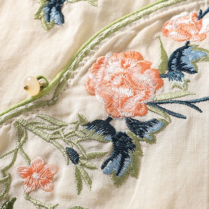 Embroidery Flower Hem Slit Design Half Sleeve Cotton Linen Zen Midi Dress