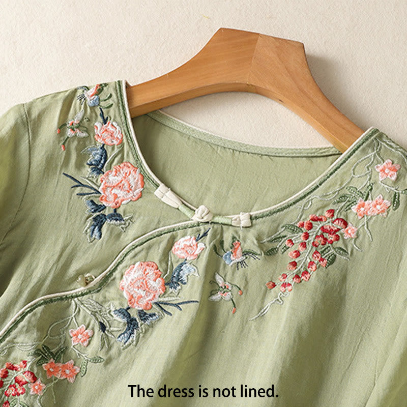 Embroidery Flower Hem Slit Design Half Sleeve Cotton Linen Zen Midi Dress