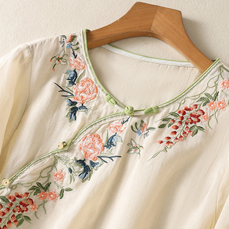 Embroidery Flower Hem Slit Design Half Sleeve Cotton Linen Zen Midi Dress