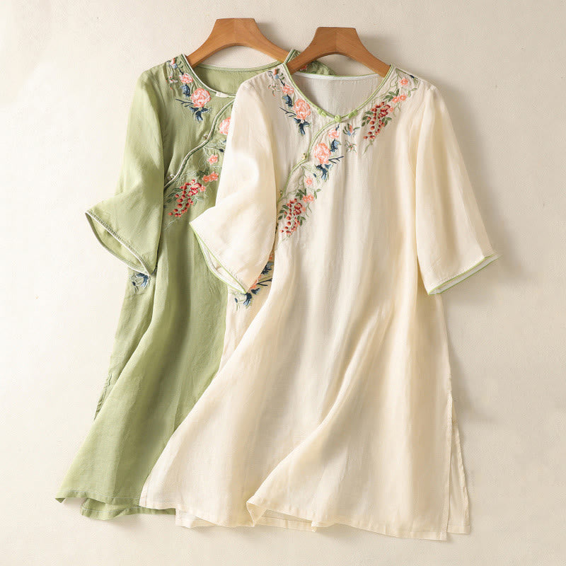 Embroidery Flower Hem Slit Design Half Sleeve Cotton Linen Zen Midi Dress