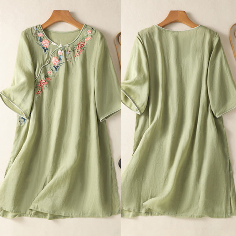 Embroidery Flower Hem Slit Design Half Sleeve Cotton Linen Zen Midi Dress