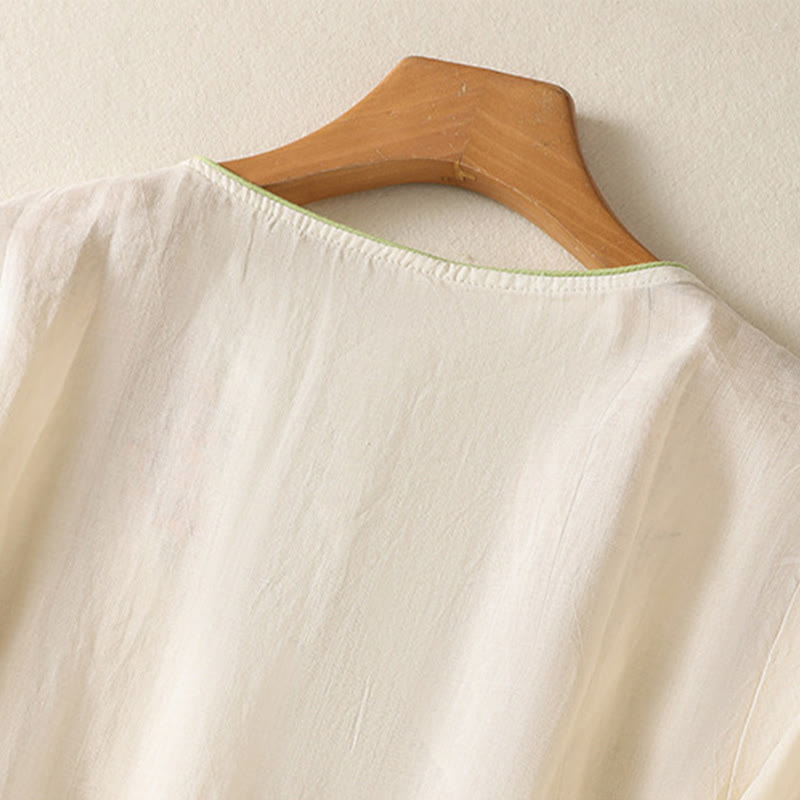 Embroidery Flower Hem Slit Design Half Sleeve Cotton Linen Zen Midi Dress