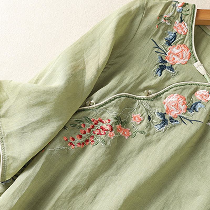 Embroidery Flower Hem Slit Design Half Sleeve Cotton Linen Zen Midi Dress