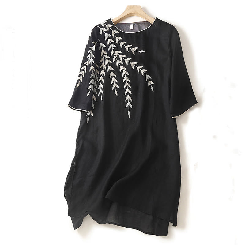 Casual Embroidery Split Three Quarter Sleeve Cotton Linen Midi Dress