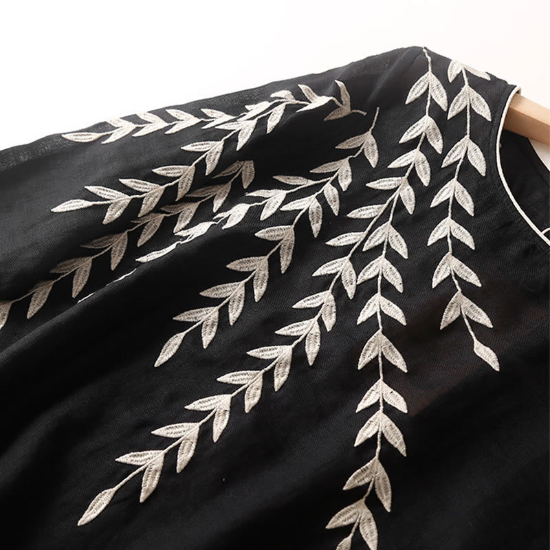 Casual Embroidery Split Three Quarter Sleeve Cotton Linen Midi Dress