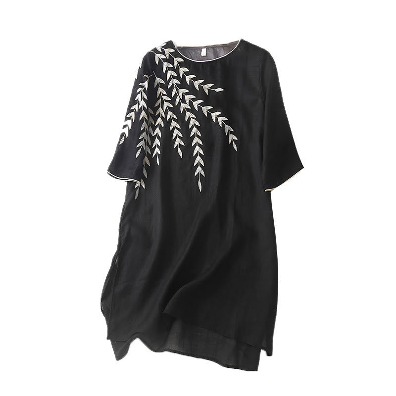 Casual Embroidery Split Three Quarter Sleeve Cotton Linen Midi Dress