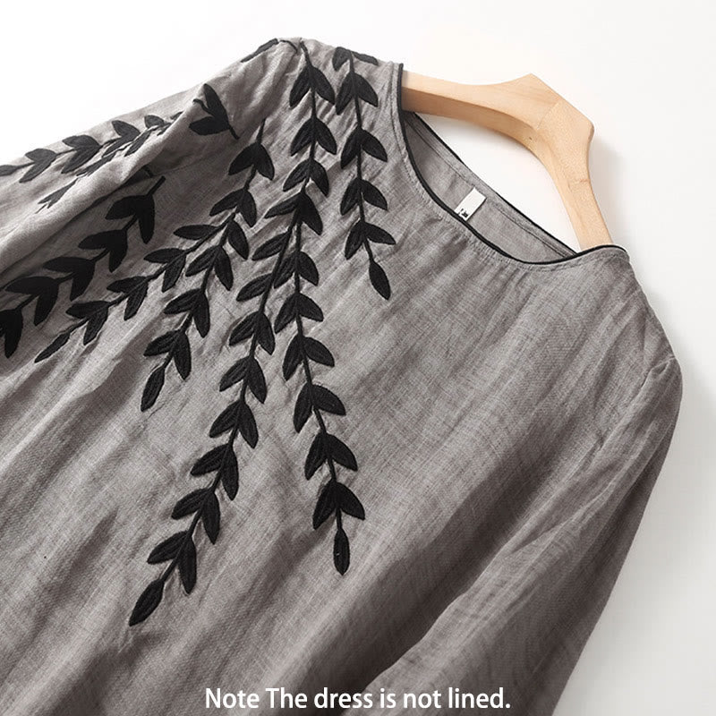 Casual Embroidery Split Three Quarter Sleeve Cotton Linen Midi Dress