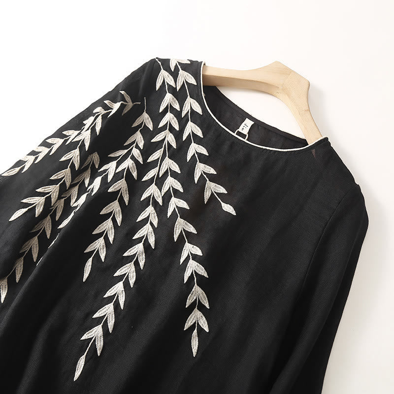 Casual Embroidery Split Three Quarter Sleeve Cotton Linen Midi Dress