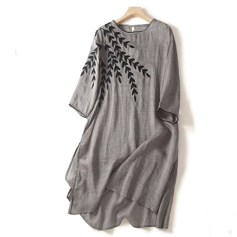 Casual Embroidery Split Three Quarter Sleeve Cotton Linen Midi Dress