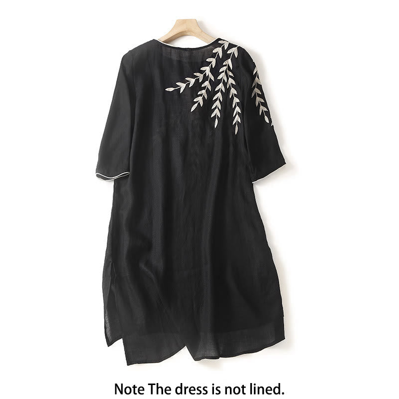 Casual Embroidery Split Three Quarter Sleeve Cotton Linen Midi Dress
