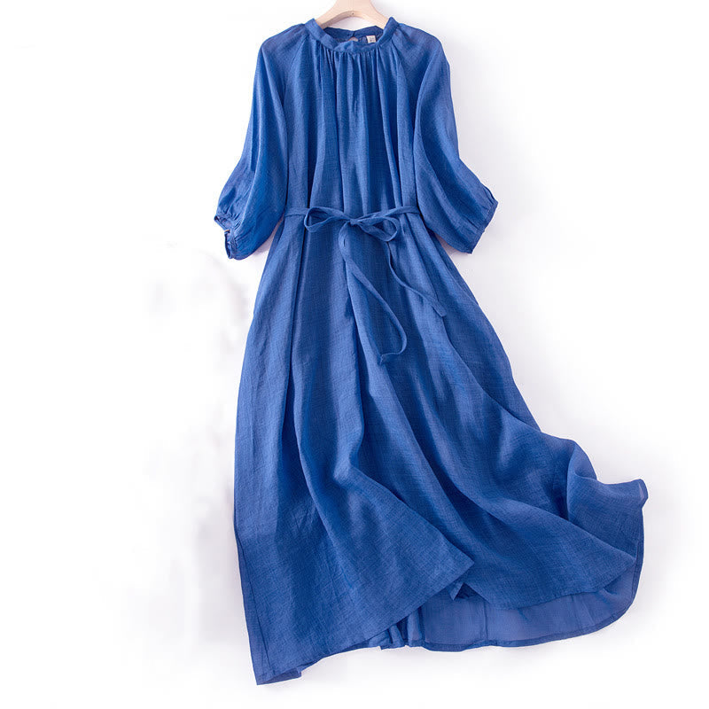 Tactile Cotton Linen Puff Sleeve Mindful Grounding Midi Dress