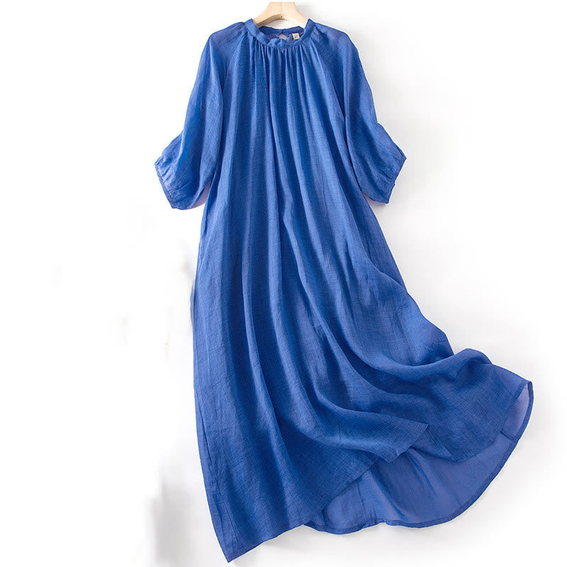 Tactile Cotton Linen Puff Sleeve Mindful Grounding Midi Dress